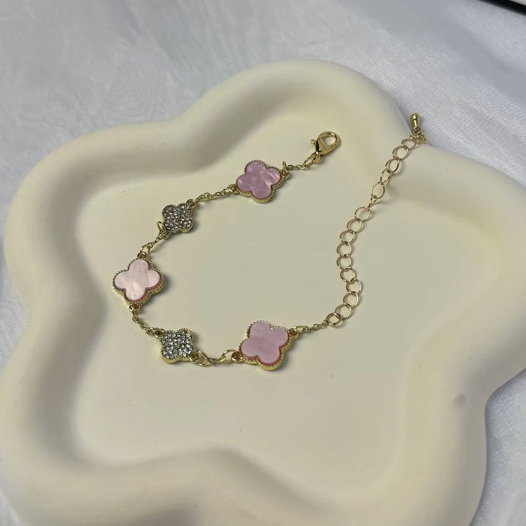 铜合金锆石手链 YM粉色满锆大小花手链轻奢气质白色时尚百搭经典
