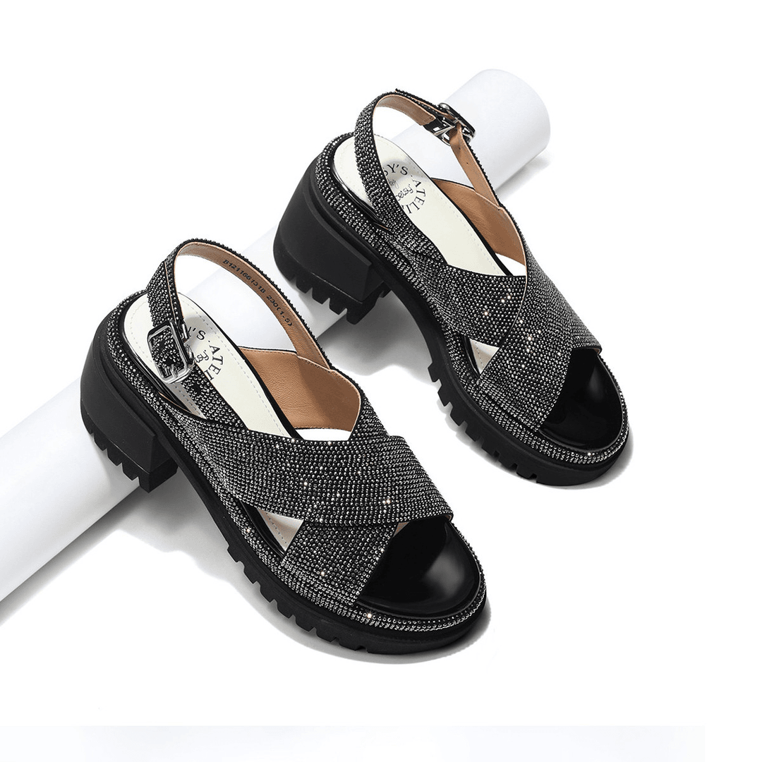 烫钻叉高跟凉鞋粗跟罗马女鞋透气露趾一字带女凉鞋152/153