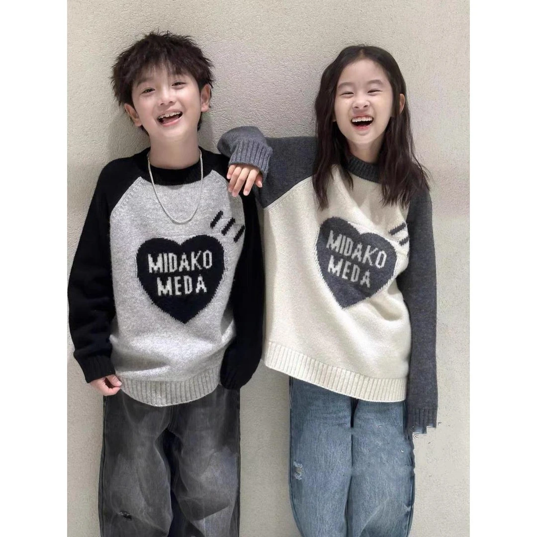 儿童毛衣2024年秋冬新款拼色圆领针织衫内搭外穿打底三合一爆款潮