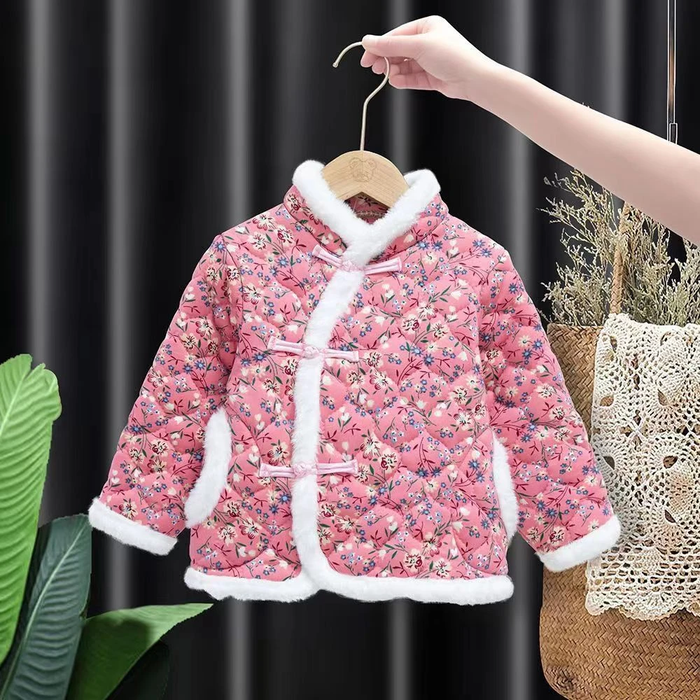女童棉服大花袄秋冬新款中国风复古外套女宝宝棉衣外套拜年装