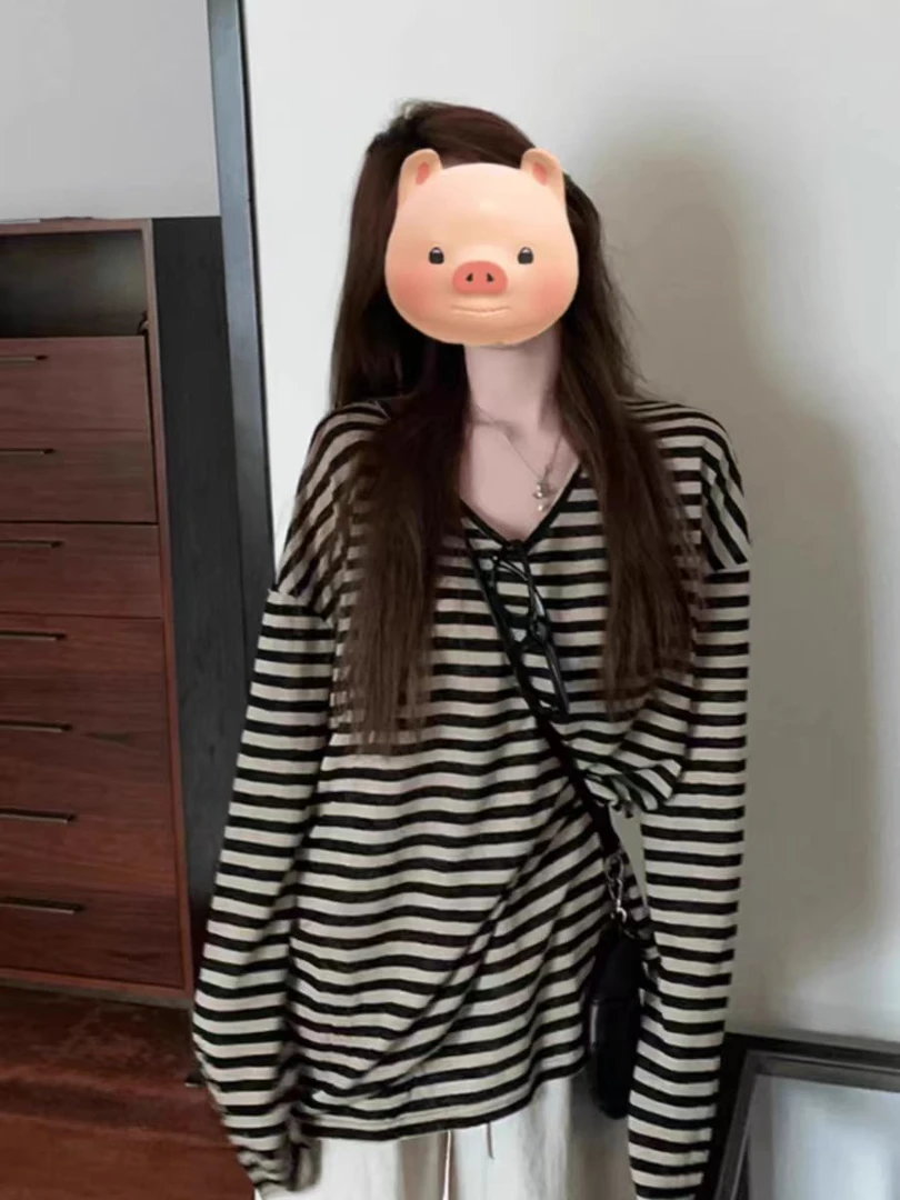 慵懒风撞色条纹设计感T恤女夏季长袖针织衫新款秋季罩衫上衣