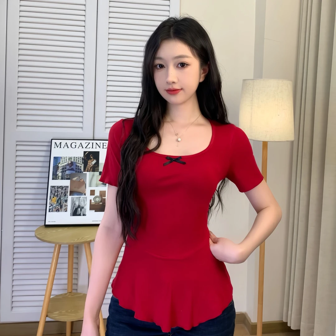 胖mm法式蝴蝶结u领短袖女夏季小香风设计感显瘦微胖气质上衣