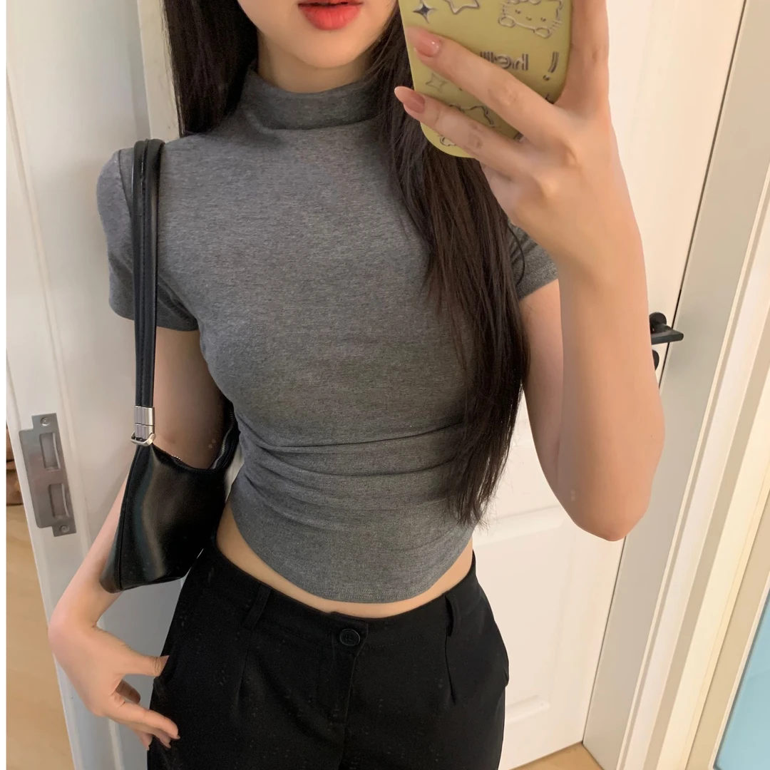 纯色半高领简约短袖T恤女设计感小众辣妹短款女上衣显瘦百搭打底