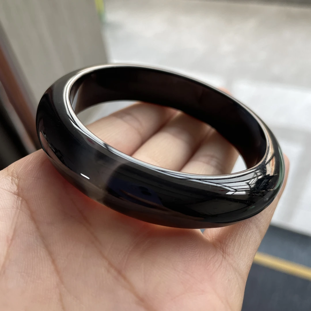 60.6口径天然玛瑙黑玛瑙黑金刚高亮个性款水墨风手镯（497）