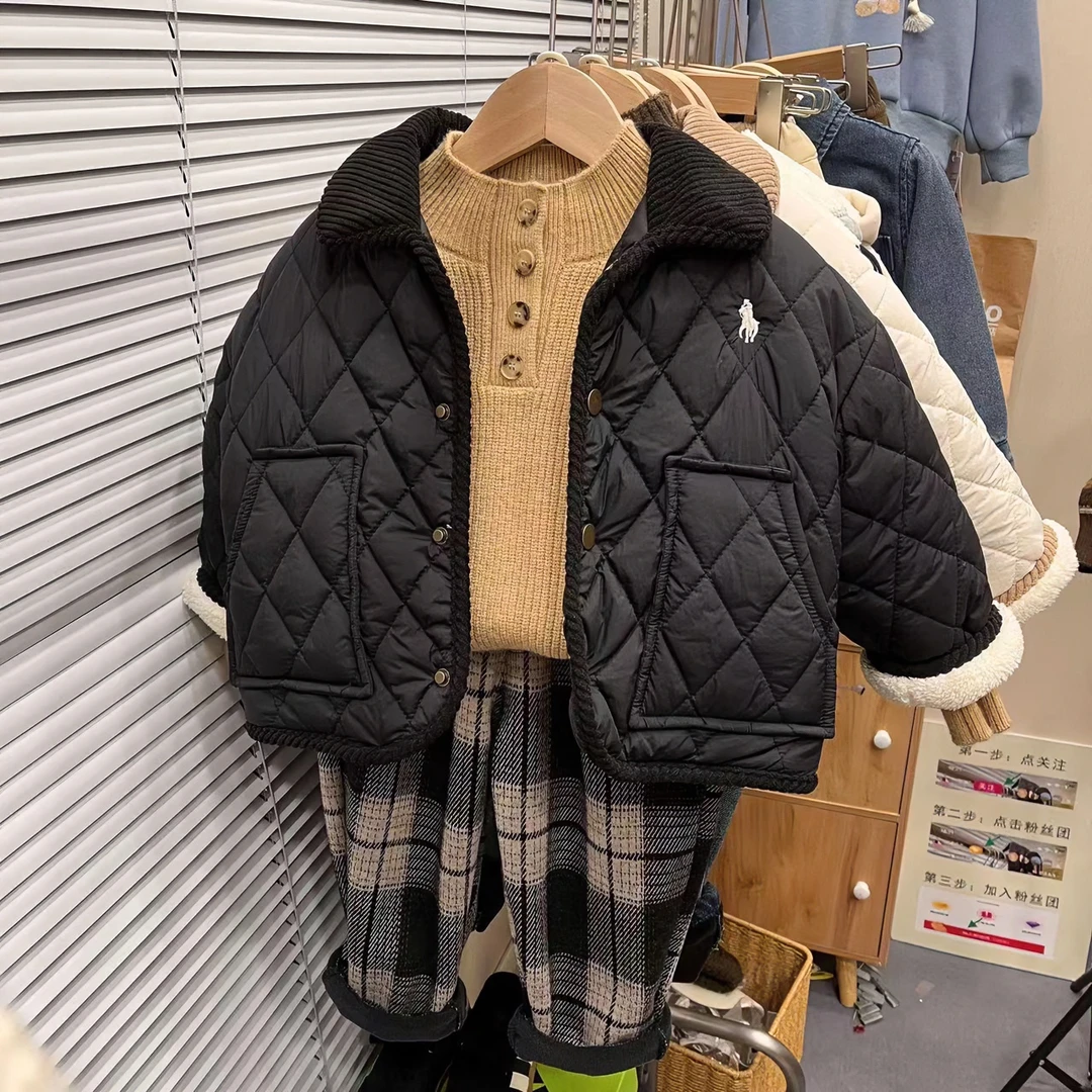 男童加绒棉衣2023冬新款儿童宝宝纯色加厚棉服小童外套棉袄美拉德