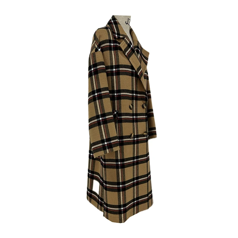 YD22077精纺羊毛女士时尚中长款大衣设计师格纹双排扣格子经典