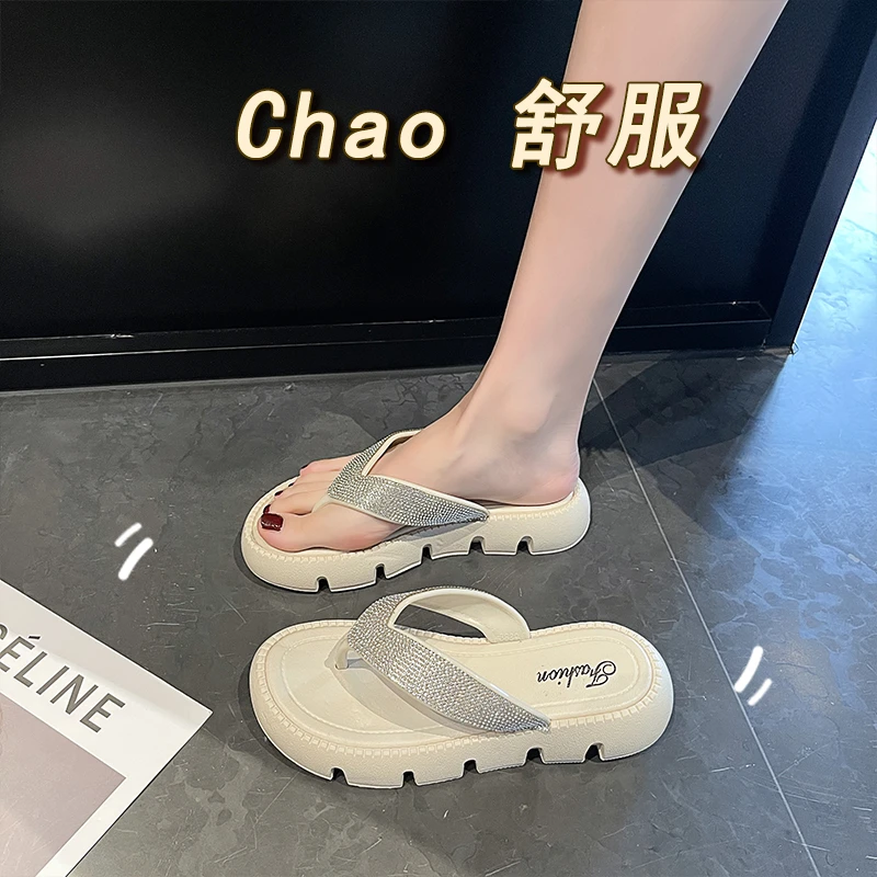 高级感水钻人字拖女外穿夏季夹脚百搭休闲沙滩厚底软底防滑女鞋