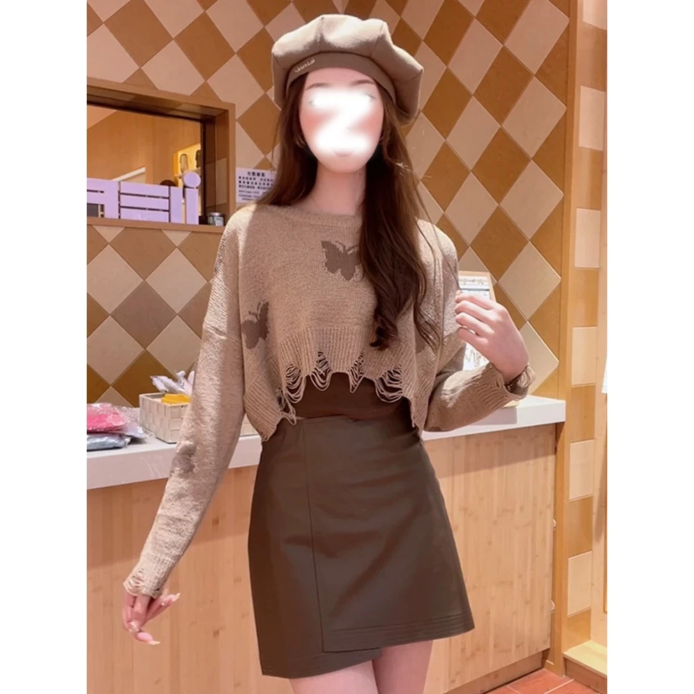 美式复古套装冬季新款设计感小众短款蝴蝶针织衫毛衣+背心+半身裙
