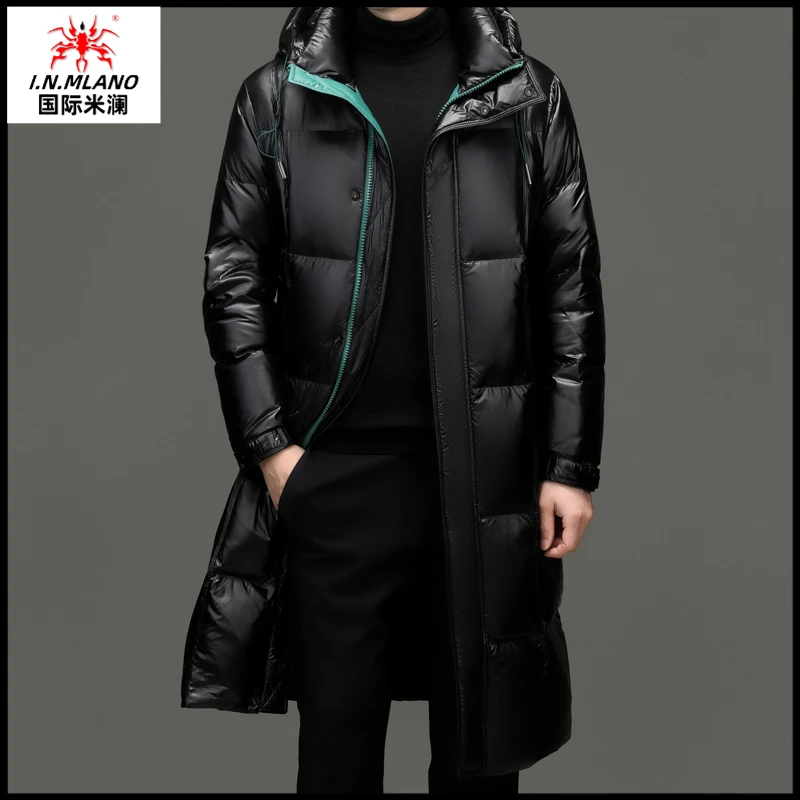 男士亮面羽绒服男中长款过膝时尚2025新款冬季保暖休闲外套男款潮