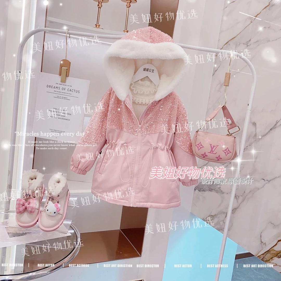 2023冬季亮片加绒三防派克外套62408S672女童加厚连帽秋冬洋气