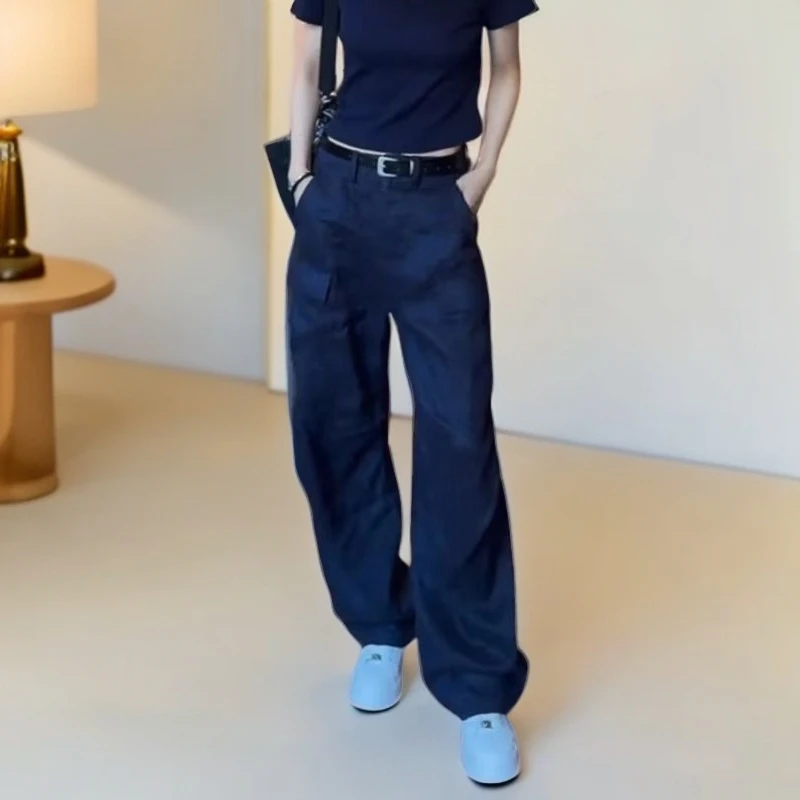 夏季新款窄版休闲裤女高级时尚穿搭小众拖地工装裤时髦高腰阔腿裤