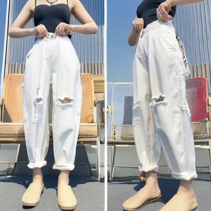 2024夏季薄款大码高腰破洞哈伦牛仔裤遮肉显瘦宽松九分阔腿老爹裤