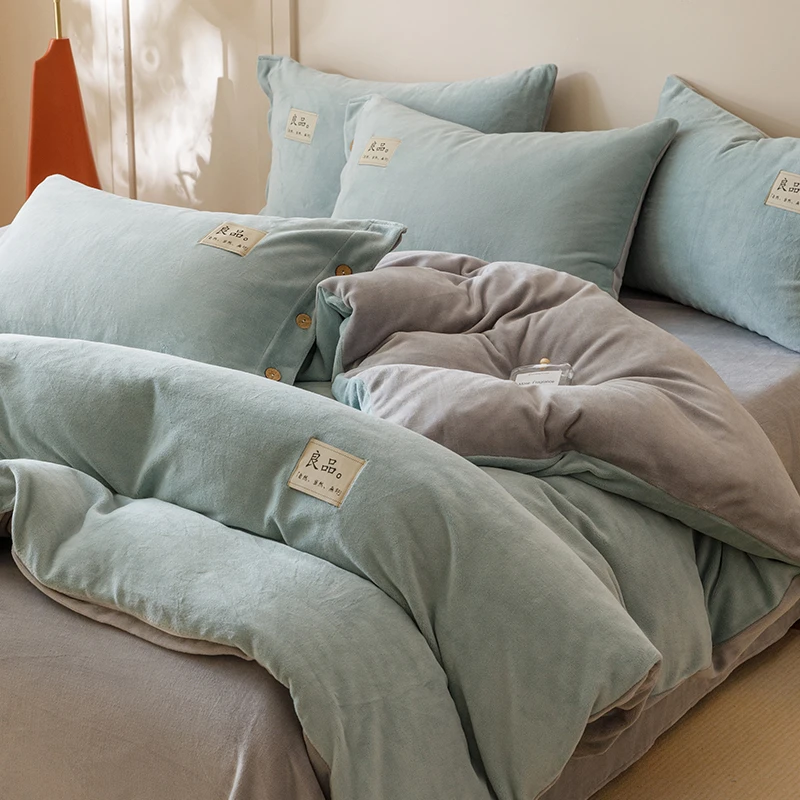 纯色简约纽扣款牛奶绒四件套秋冬加厚保暖床品四件套单双人套件