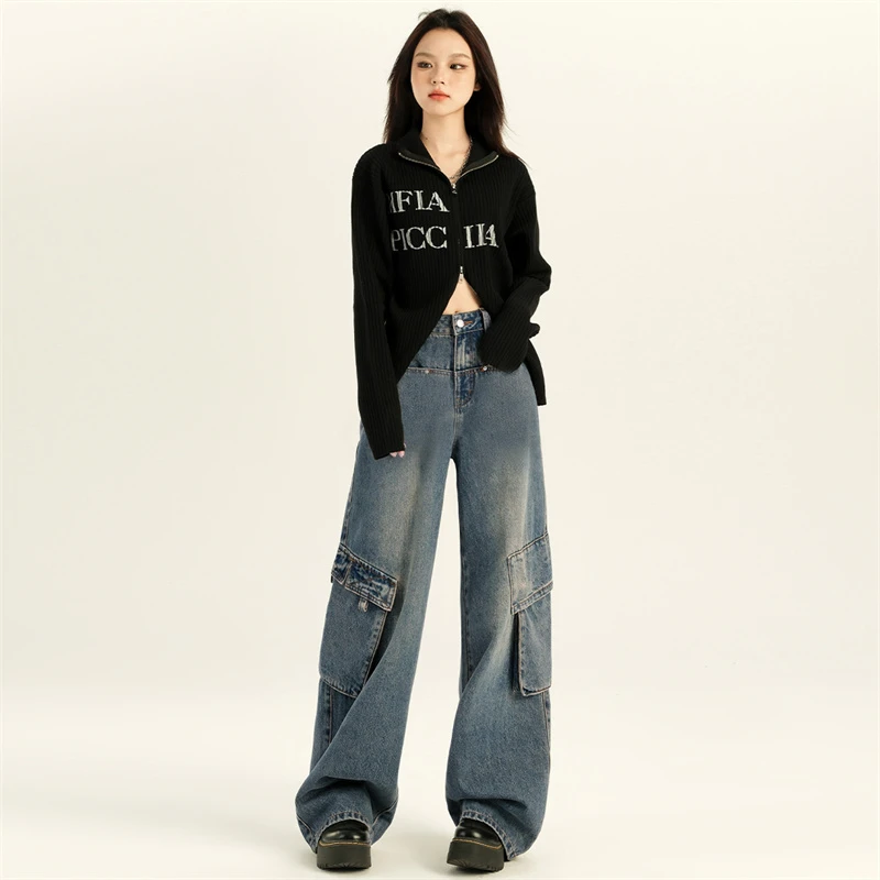 大口袋工装阔腿牛仔裤女2025春季新款高腰宽松显瘦休闲拖地裤女-1