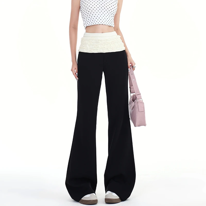 【天天粉丝专享】黑色蕾丝休闲裤女2024夏季高腰显瘦弹力拖地微喇裤