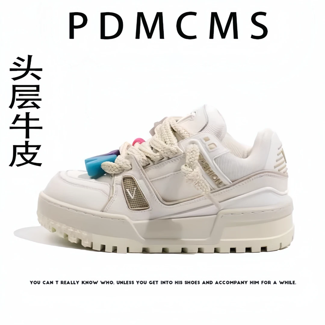 PDMCMS小胖丁百搭增高透气小白鞋2025头层牛皮L厚底阔腿裤必备鞋