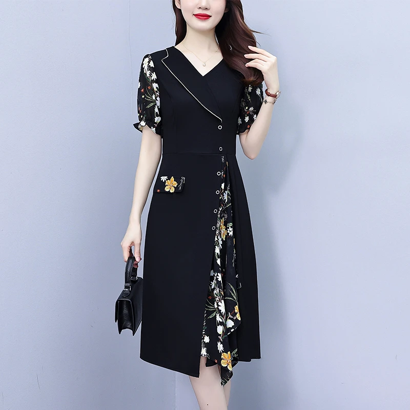 雪纺碎花拼接连衣裙女2023年夏季新款大码收腰显瘦气质短袖中长裙