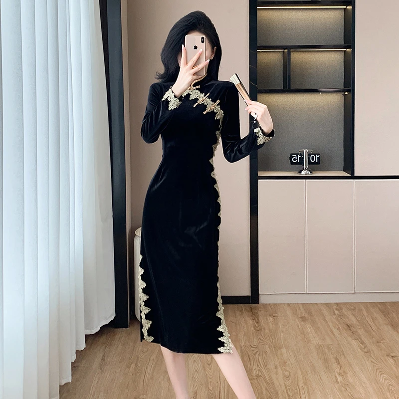 秋冬新款时尚拼接花边气质设计感新中式盘扣显瘦改良旗袍连衣裙女