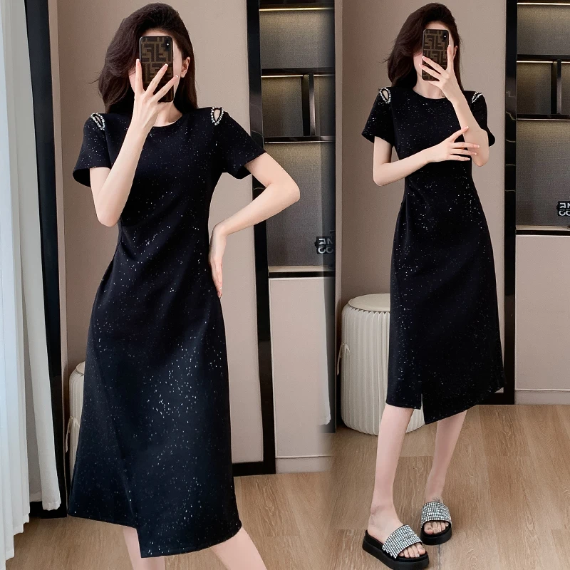 轻奢高端法式气质连衣裙女2024夏季新款高级感黑色显瘦亮闪闪裙子