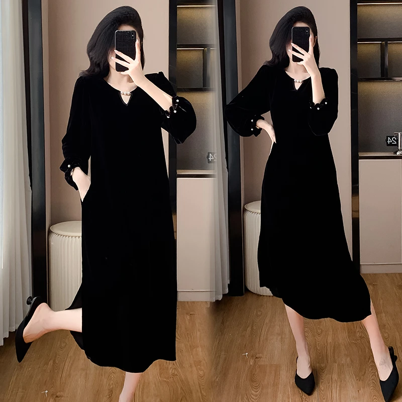 秋冬新款女装阔太太洋气高贵丝绒连衣裙大码气质复古遮肉显瘦裙子