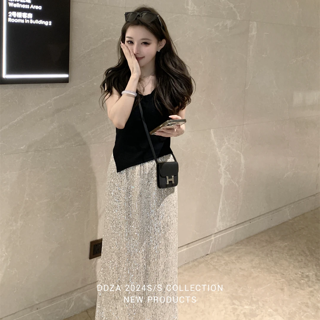 豆豆早安 银河闪耀 香槟银醋酸亮片半身裙女夏高腰显瘦开叉直筒裙