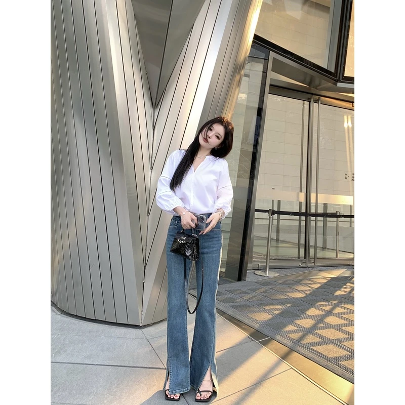 现货豆豆早安腿精开叉复古蓝牛仔裤女小个子高腰显瘦直筒微喇长裤