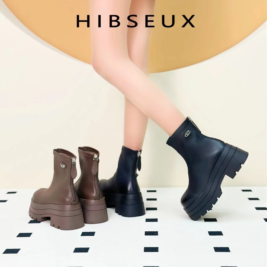 Hibseux/槿奢23-445 早秋新款真皮短靴 潮流时尚百搭后拉链女靴
