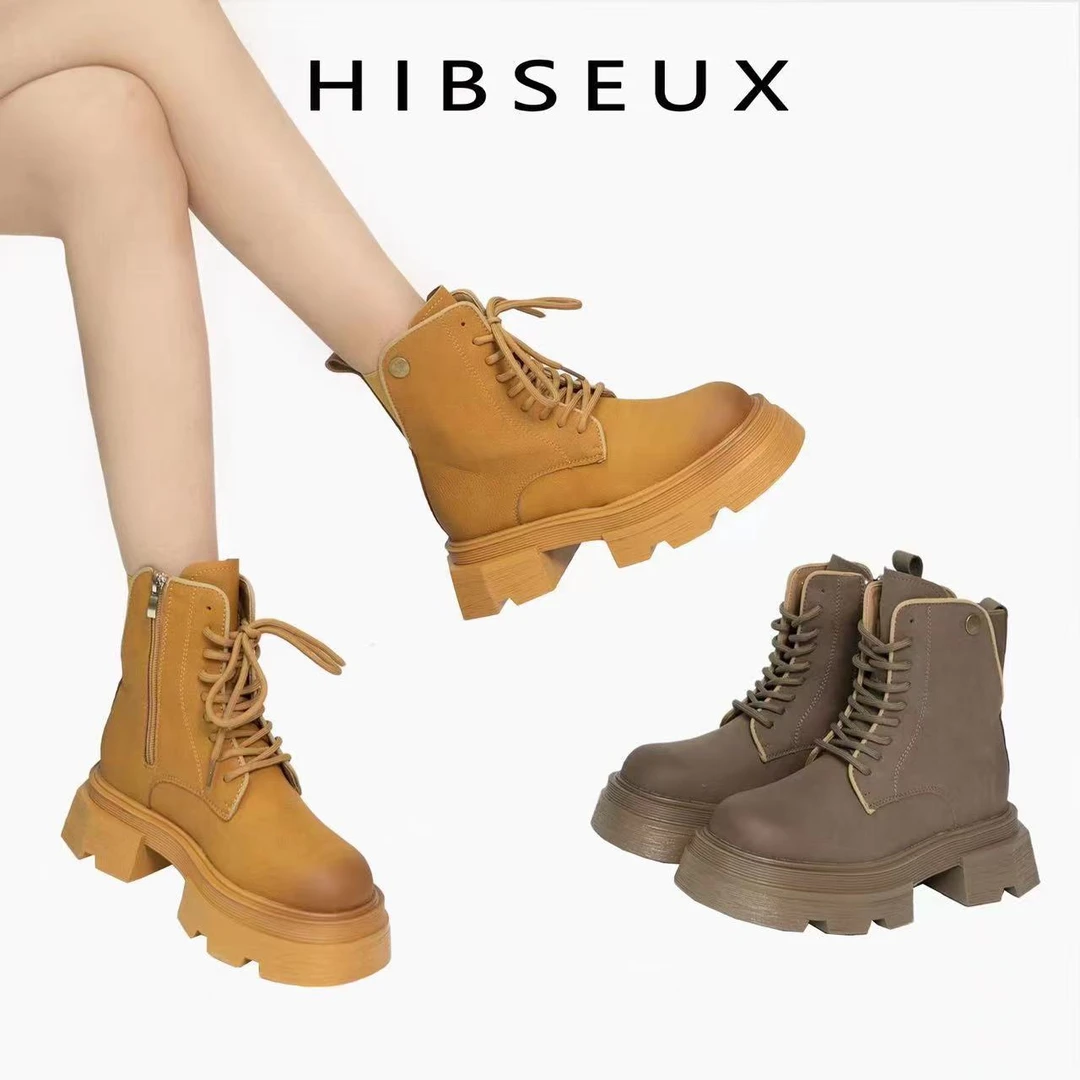 Hibseux/槿奢23-448早秋新款瘦瘦靴磨砂面英伦风马丁靴