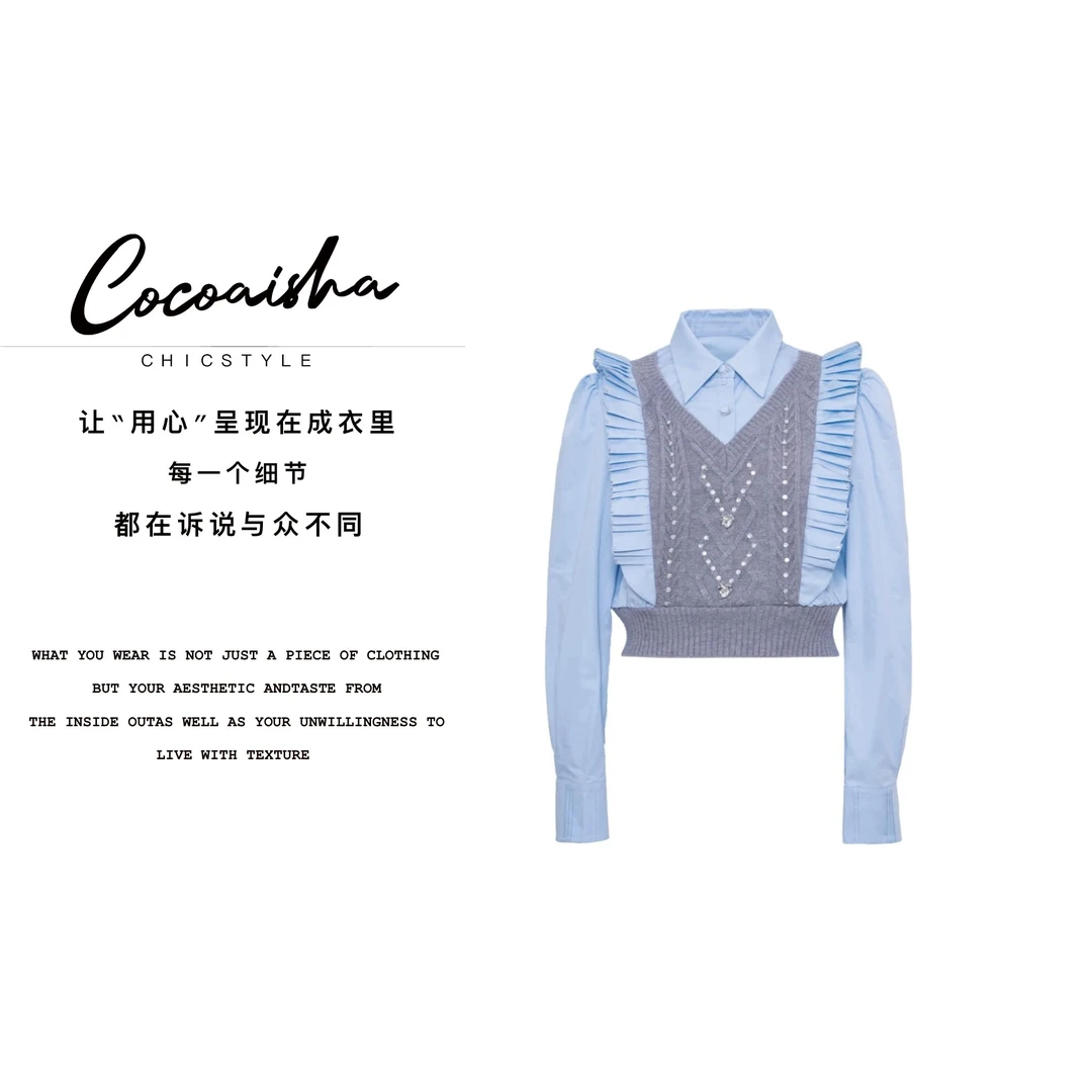 【COCO AISHA】早秋设计新款   拼接长袖假两件短款衬衫女（BKH-016）