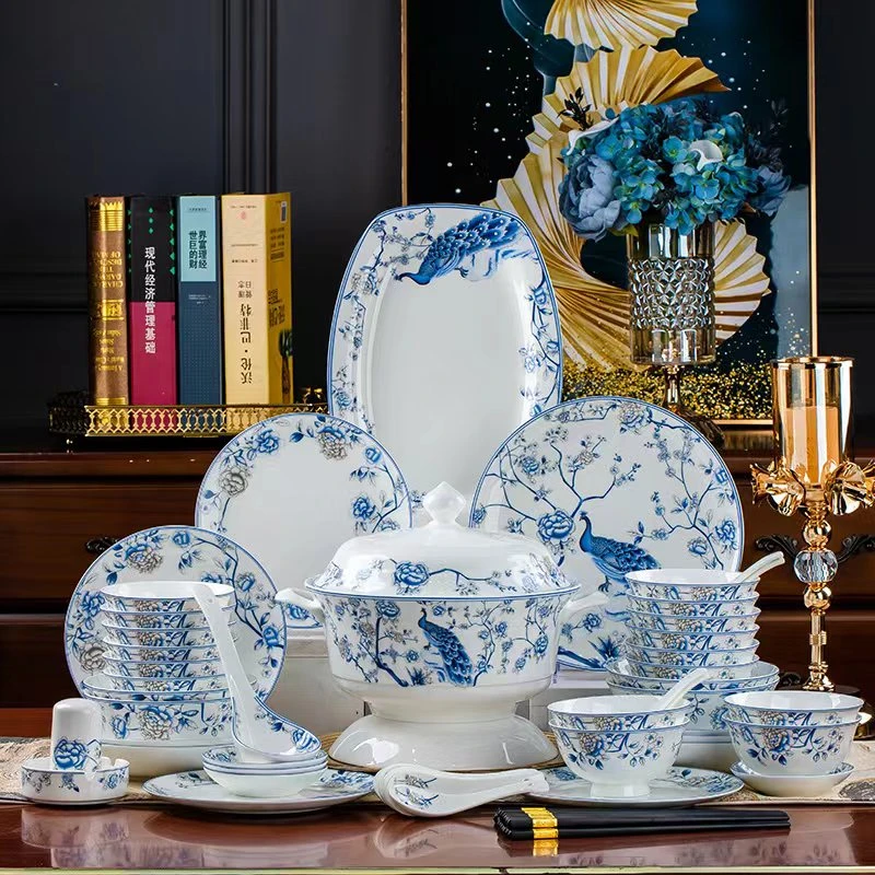 87头孔雀蓝景德镇高档瓷具餐具套组