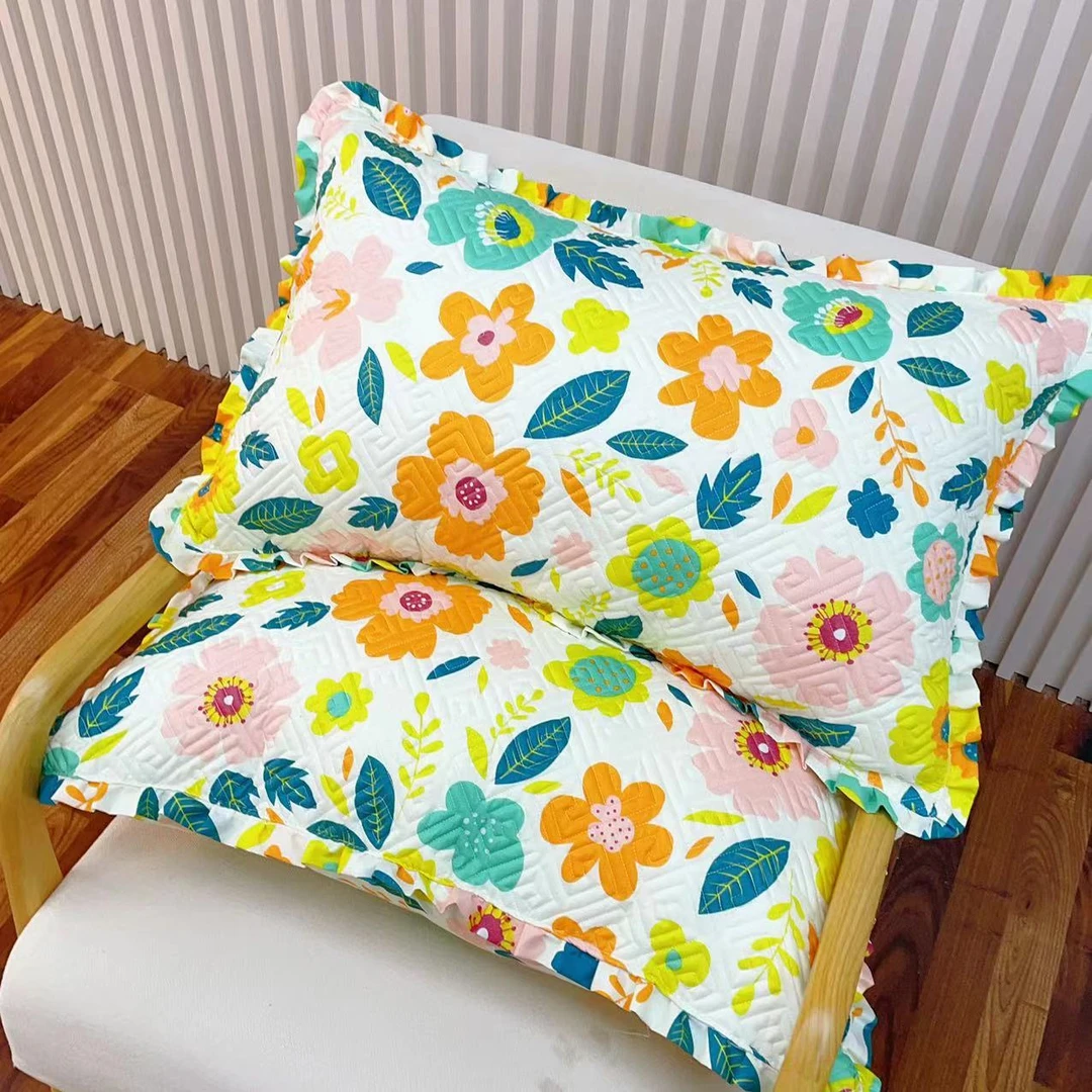 成人枕头套大号45*75cm一对碎花绗缝夹棉荷叶边平价新款花边枕套