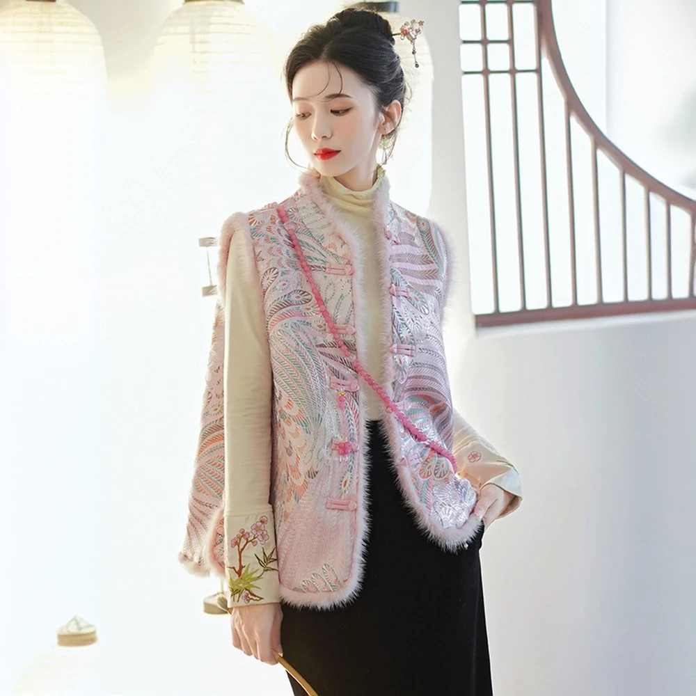 冬季新中式国风加棉加厚马甲女时尚气质复古百搭毛毛上衣女马夹潮