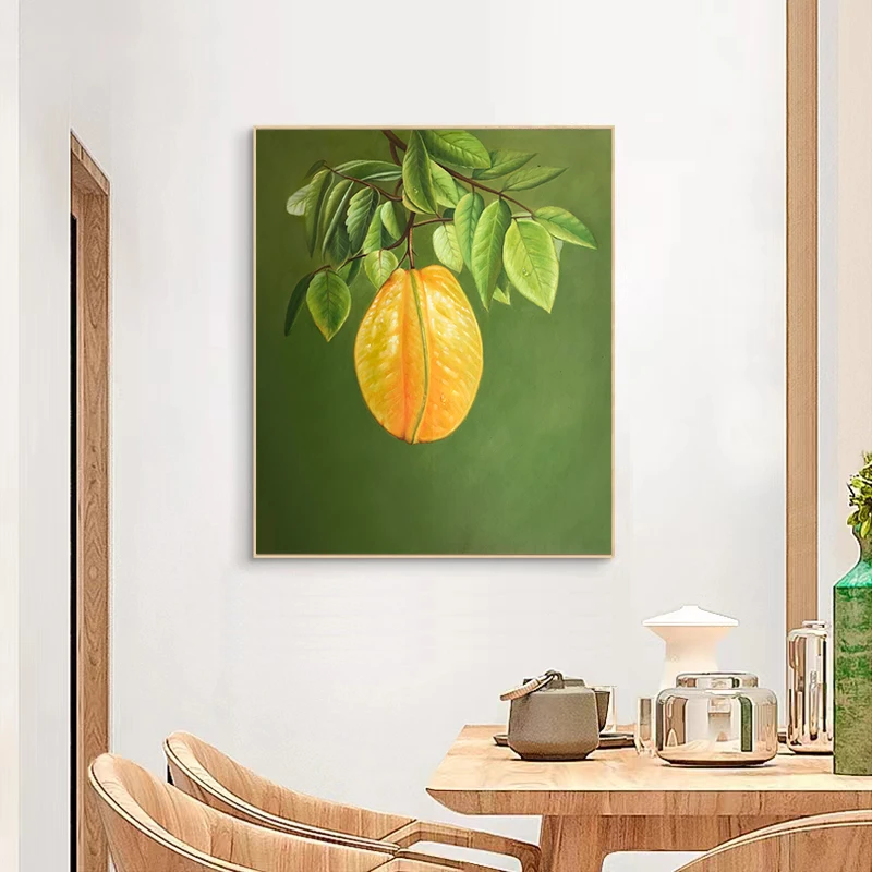 杨桃手绘油画写实水果餐厅玄关小清新装饰画新中式竖款画芯50x60