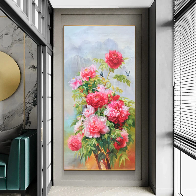 新中式油画牡丹竖款入户玄关装饰画走廊客厅花开富贵画芯80x160