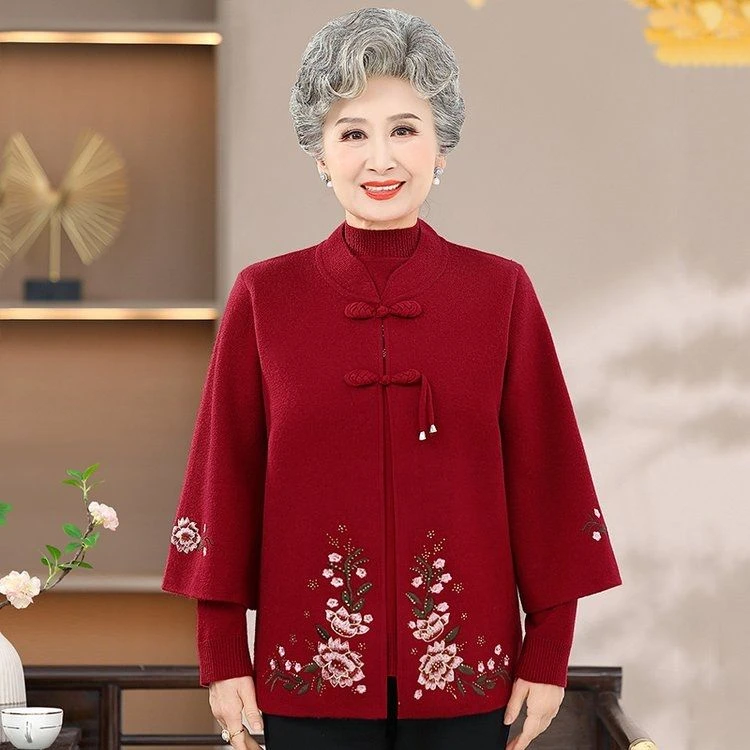 气质妈妈装针织刺绣开衫中老年女春秋两件套装喜婆婆毛衣外套上衣