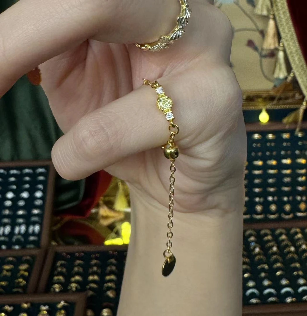 铜合金戒指 中古vintage百搭复古彩色镶嵌小水晶可调节小众戒指