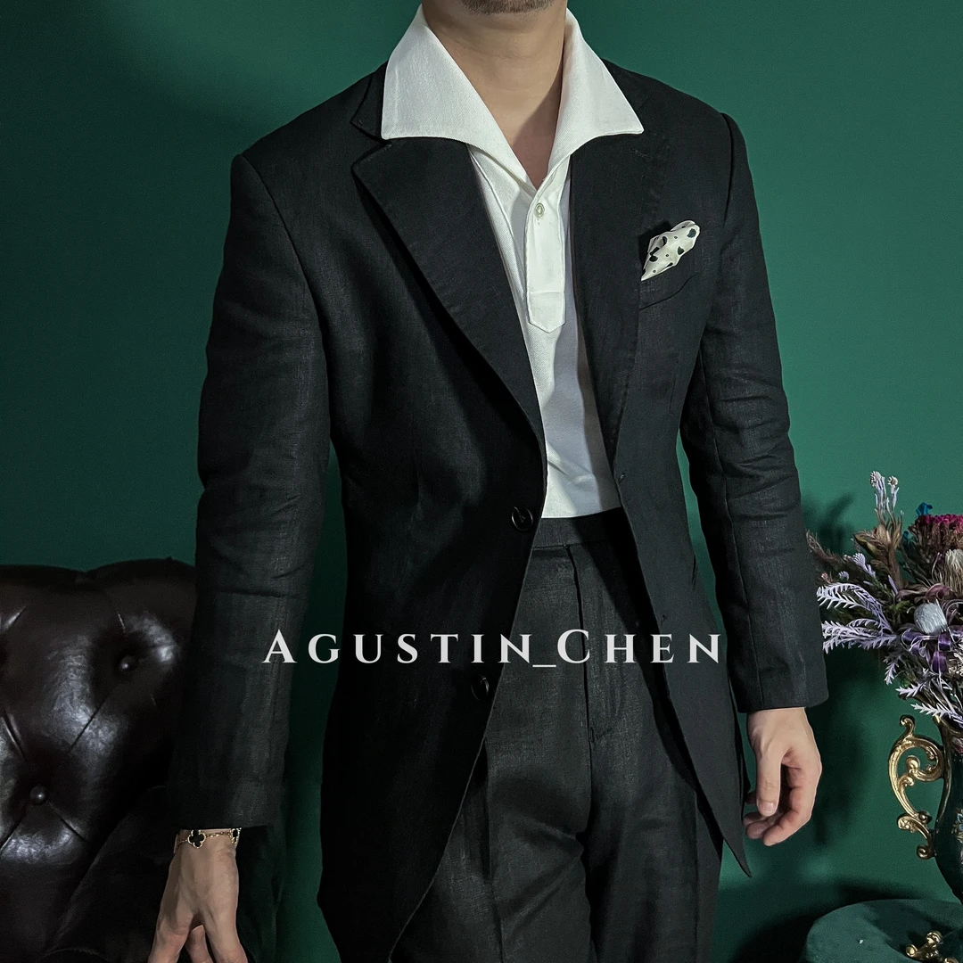 Agustin_Chen 亚麻半里衬夏季高奢修身西服平驳领老钱时尚男西装