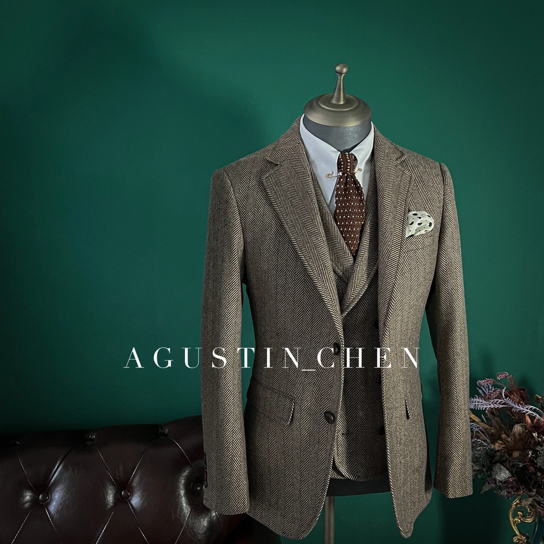 Agustin_Chen 秋冬加厚粗纺人字纹羊毛西装【单西】平驳领修身西服