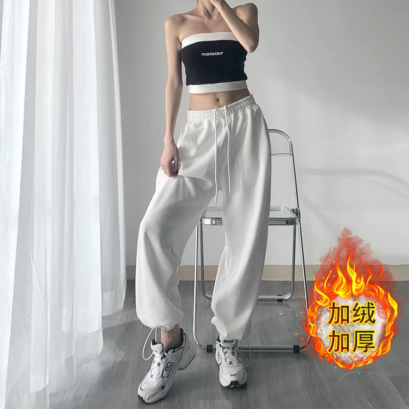 官图  秋冬款加绒加厚运动裤欧美ins休闲灰色裤束脚卫裤女