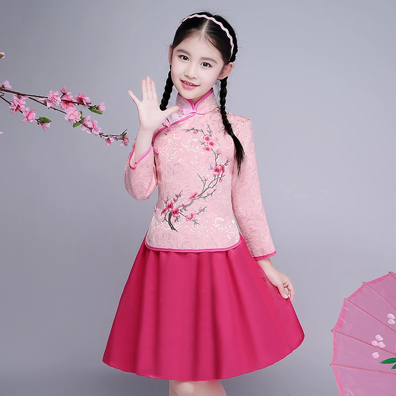 儿童刺绣花旗袍中国风小学生朗诵演出服女童套装民国风五四青年装