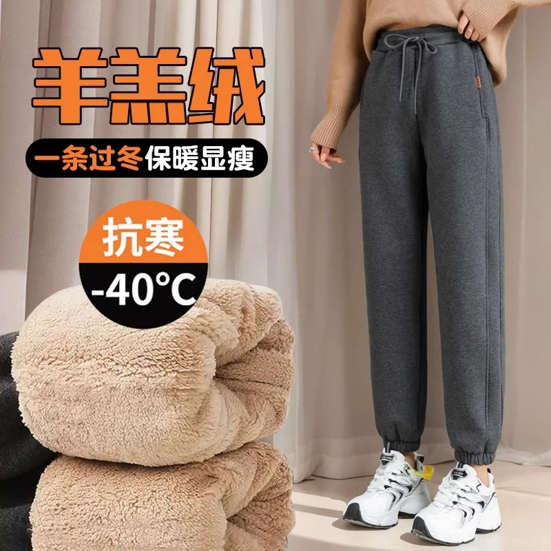 冬季加绒加厚外穿运动裤女束脚羊羔绒休闲卫裤胖mm大码东北棉裤CD
