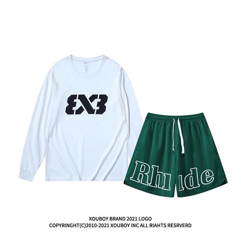 新款秋季3V3投篮服长袖T恤男户外跑步远动训练美式4分短裤套装