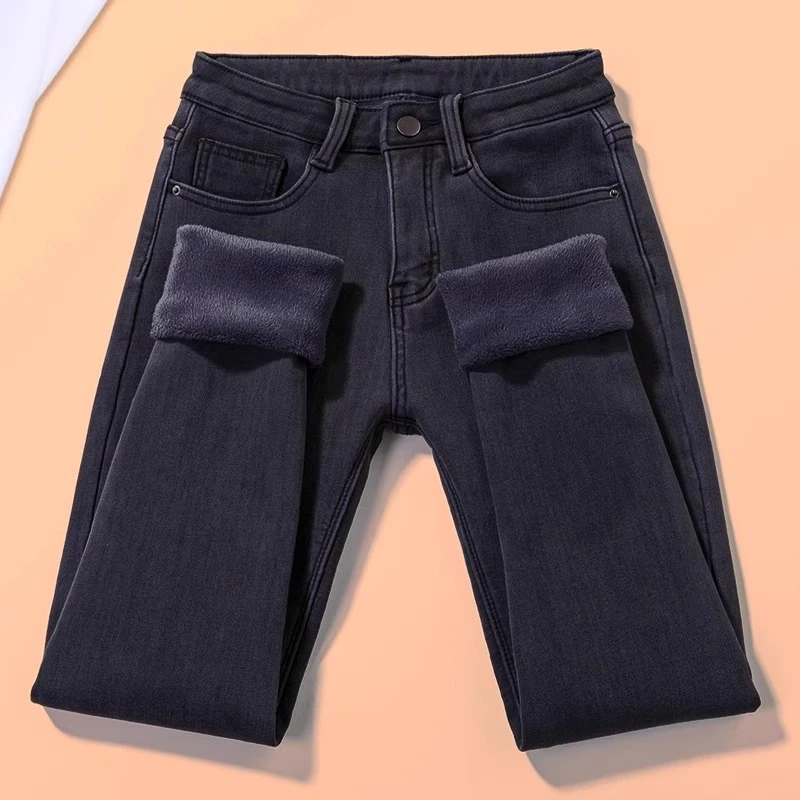 黑灰色加绒牛仔裤女弹力加厚紧身小脚裤高腰显瘦修身冬季铅笔裤子