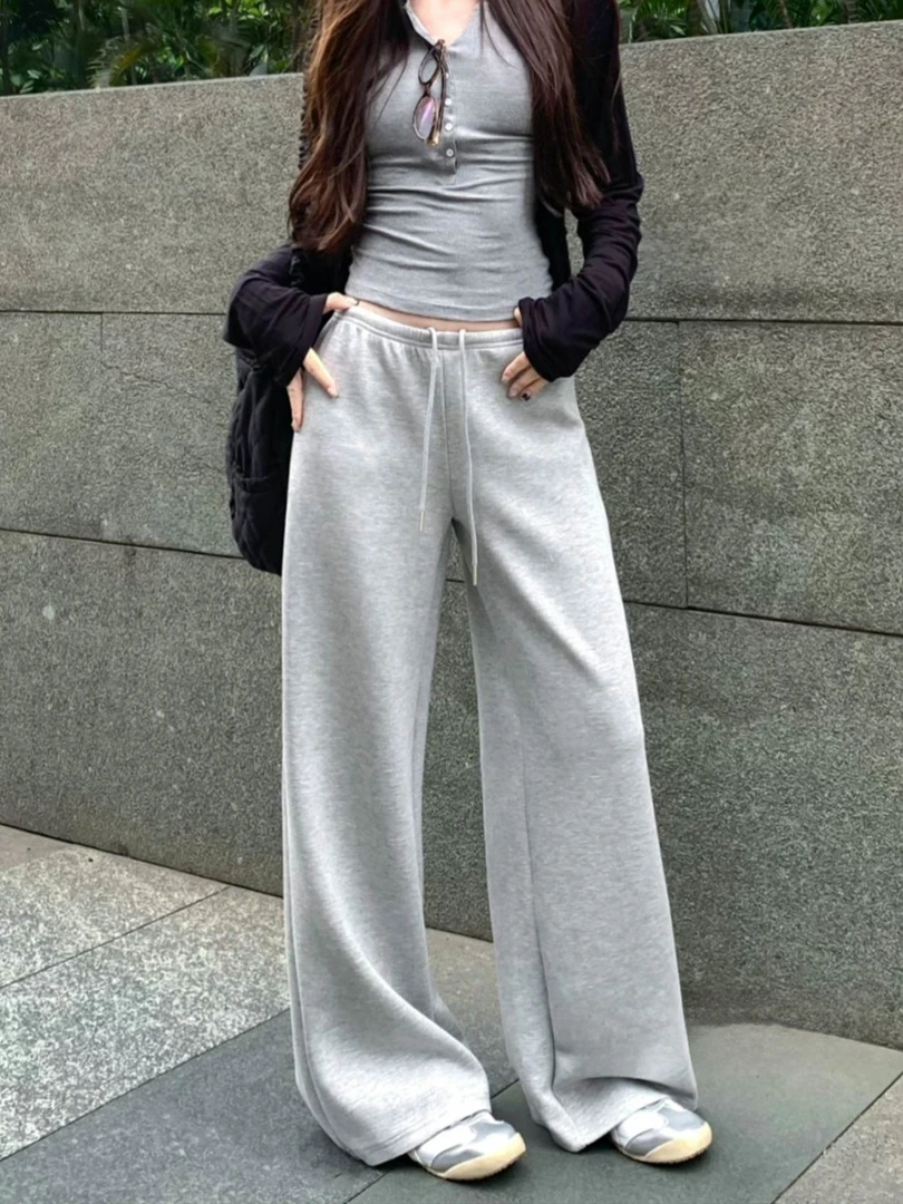 秋季新款时尚垂感休闲裤松紧腰抽绳直筒阔腿宽松显瘦拖地长裤