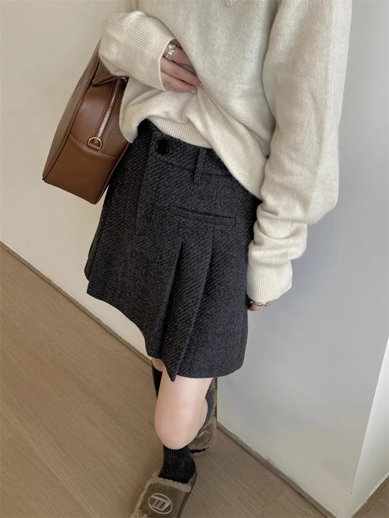 百褶裙女 显瘦高腰A字型半裙 短裙潮欧洲站2023秋冬欧货加厚毛呢
