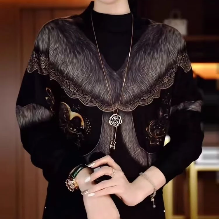 半高领女士秋冬季高级感洋气大码内搭加厚保暖印花t恤上衣