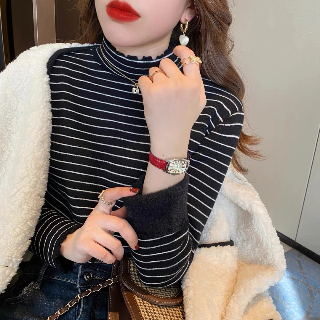 【加绒加厚】半高领一体绒打底衫女秋冬新款毛衣木耳边条纹针织衫