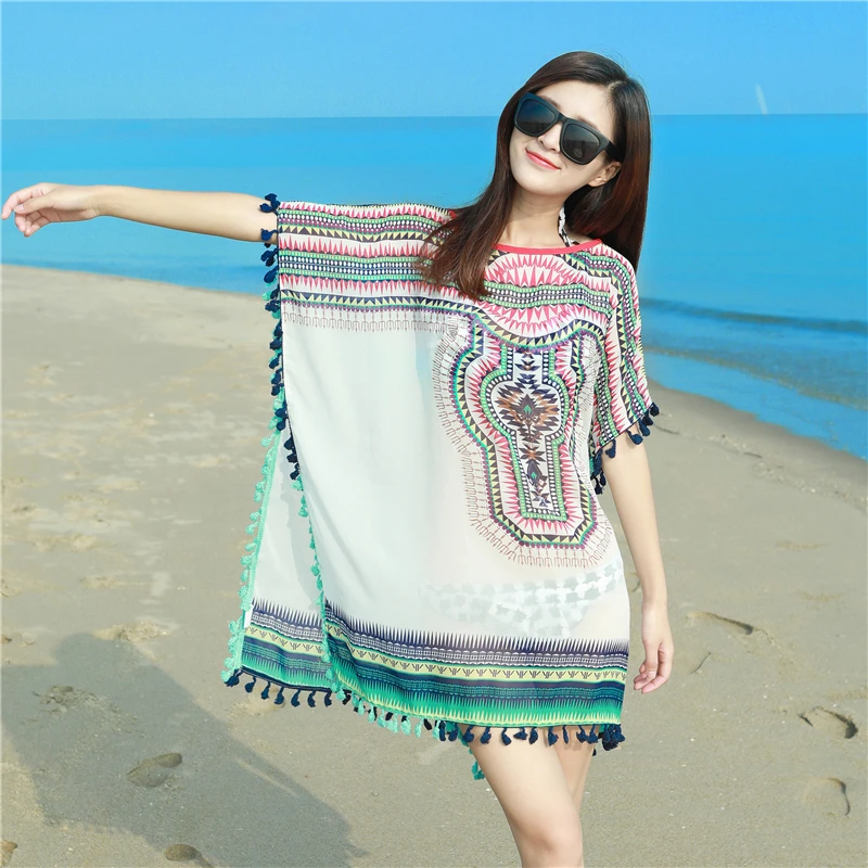宽松大码波西米亚印花流苏雪纺衫女宽松罩衫蝙蝠款上衣沙滩防晒衫
