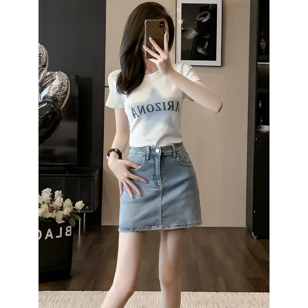 时尚流行牛仔短裙运动休闲套装女夏装2023新款韩流短袖气质两件套