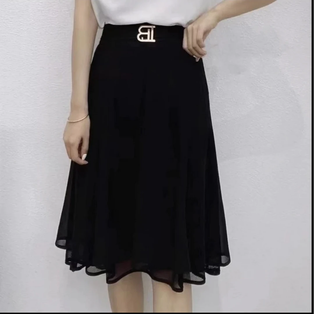 夏季百搭口袋半身裙时尚显瘦中长款高腰松紧带黑色A字百褶裙